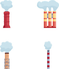 Industrial chimney icons set cartoon vector. Various factory chimney with smoke. Air pollution concept