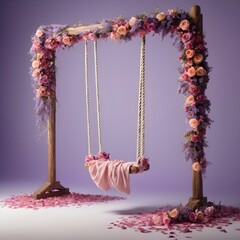 The swing's ropes are entwined with ribbons of lavender and rose petals, swaying with the gentle...