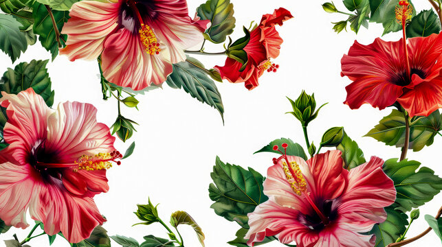 Gorgeous hibiscus flowers and green leaves isolated on white background, art deco style banner, concept for postcard