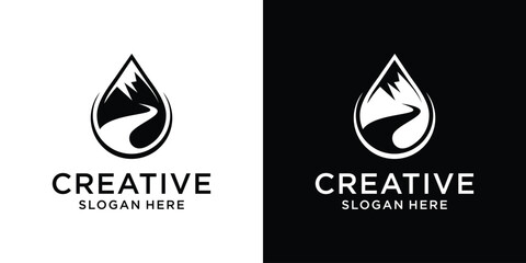 Water drop and mountain with river logo design template