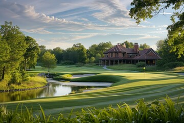 A well-maintained golf course featuring a house in the distance, providing a scenic backdrop for golfers, A 19th hole clubhouse nestled amidst a beautiful golf course, AI Generated
