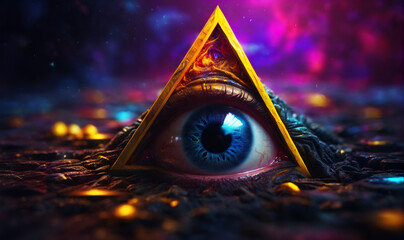 A human eye in a triangle surrounded by a dark astral background emitting bright neon colors