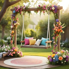 Create a whimsical and romantic scene featuring a swing or hammock adorned with a floral arrangement, including a mix of flowers. The swing should be surrounded by a beautiful garden setting.