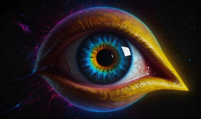 A human eye in bright colors surrounded by a dark astral background emitting bright neon colors