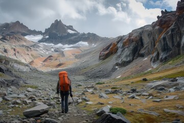 Person Hiking Up a Mountain With a Backpack, A backpacker facing a challenging rocky terrain in a rugged mountain range, AI Generated - obrazy, fototapety, plakaty