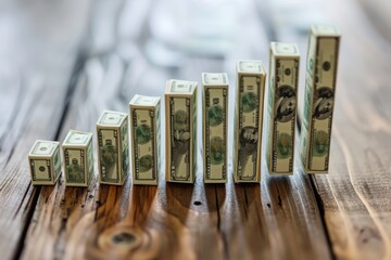 A collection of dollar bills neatly arranged in a row, placed on top of a sturdy wooden table, A bar chart with bars made of dollar bills showing increasing prices, AI Generated - obrazy, fototapety, plakaty