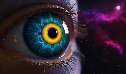 A human eye in bright colors surrounded by a dark astral background emitting bright neon colors - obrazy, fototapety, plakaty