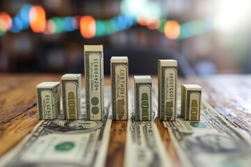 A photo showing several stacks of money neatly arranged on a wooden table, A bar chart with bars made of dollar bills showing increasing prices, AI Generated - obrazy, fototapety, plakaty