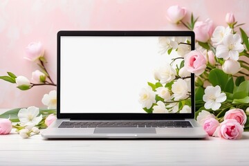 Laptop with a white screen mock up on spring blooming background on table in apple orchard. Seasonal remote work, internet, shopping, spring time. 