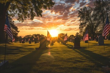Sunset Over Cemetery With American Flags in Foreground, A beautiful sunset over a national cemetery with American flags at each gravestone for the Memorial Day, AI Generated