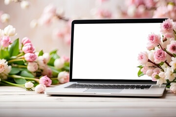 Laptop with a white screen mock up on spring blooming background on table in apple orchard. Seasonal remote work, internet, shopping, spring time. 