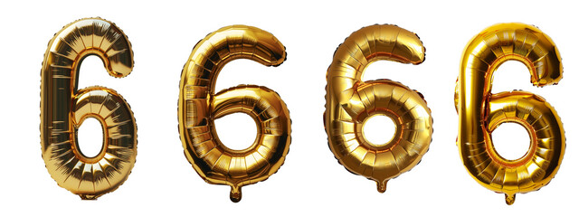 Gold foil balloon number 6, different styles, transparent png background