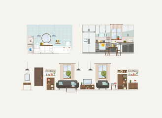 kitchen, living room, bedroom and bathroom with equipment and furniture, flat vector illustration 