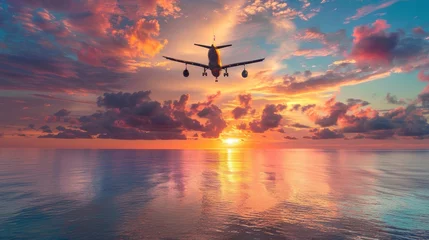 Fotobehang Airplane flying above tropical sea at sunset © uut