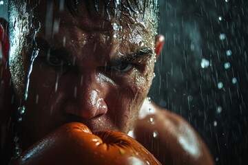 A man wearing boxing gloves stands in the rain, ready to engage in combat, A boxer's face showing determination and grit during a tough match, AI Generated