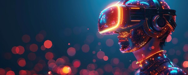 fantasy illustration of headshot of cyborg character of glowing neon colors dots in virtual reality headset on dark background