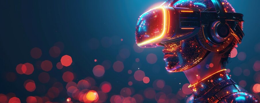 fantasy illustration of headshot of cyborg character of glowing neon colors dots in virtual reality headset on dark background - Powered by Adobe