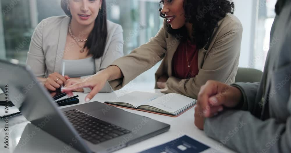Poster group, laptop and office for meeting, discussion and planning with report for business. team, comput