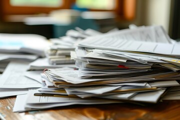 A cluttered pile of various papers and documents resting atop a sturdy wooden table in a disorganized manner, A bunch of loan documents spread on a business table, AI Generated