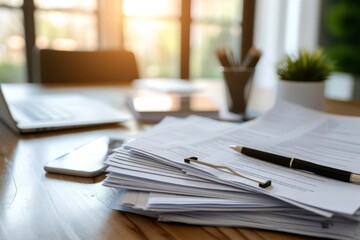 A cluttered pile of papers sitting on top of a sturdy wooden table, A bunch of loan documents spread on a business table, AI Generated