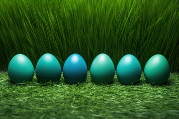 Fototapeta na wymiar Row of Easter eggs in Fresh Green Grass - generative ai