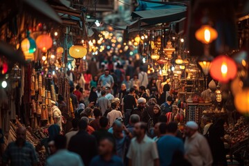 Numerous people navigate a crowded street, bustling with activity and movement, A bustling bazaar during Ramadan, AI Generated - obrazy, fototapety, plakaty