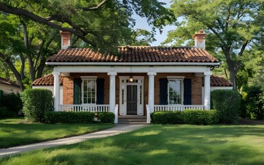 Main entrance door. White front door with porch. Exterior of georgian style home cottage house with columns