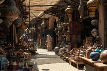 An image capturing a narrow street filled with numerous vases and lamps displayed along its sides, A bustling marketplace with traditional crafts, AI Generated