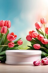 Podium for demonstration, display and montage of product, cosmetic with bright tulips spring decor. Spring time background, blooming, birthday, March 8, Easter, women's day. Copy space. 