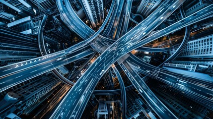 Aerial view of intricate highway junction interchange on expressway, showing complex road network