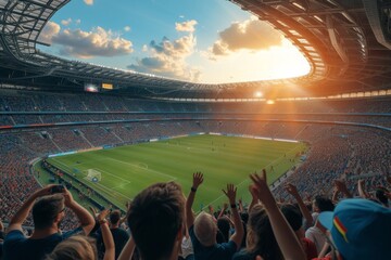 A large crowd of passionate soccer fans enthusiastically cheering and supporting their team during a match at a full stadium, A bustling soccer stadium filled with enthusiastic fans, AI Generated