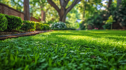 Lush green grass close-up in a well-maintained backyard, bordered by manicured shrubs and mature trees casting soft shadows, exuding tranquility and natural beauty.