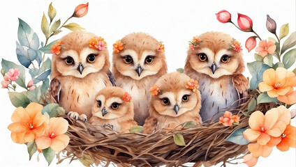 Obraz premium Cute watercolor owl family with chicks in a spring blooming nest of twigs and flowers on a white background. Spring card, spring time.