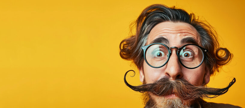 A man with a very large mustache is looking at the camera. mustache is very full and has a lot of hair on it. a humorous photography of a man with big exaggerated mustache, isolated on flat background