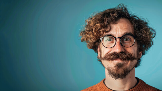 A man with a very large mustache is looking at the camera. mustache is very full and has a lot of hair on it. a humorous photography of a man with big exaggerated mustache, isolated on flat background