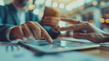 Close-up of hands analyzing financial statistics on a tablet in a business setting with warm bokeh lights.