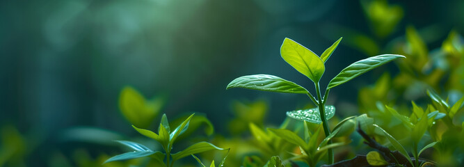 Young Plant, the sapling growing with sunrise. green world and earth day concept,  panorama, copy space