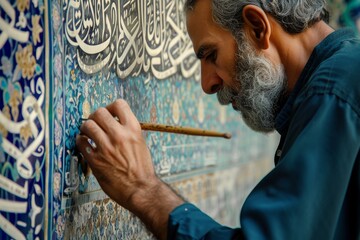 A man using a pencil to write on a wall, A calligrapher painting Quranic verses, AI Generated - obrazy, fototapety, plakaty