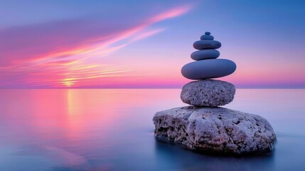 Obraz na płótnie Canvas Tranquil zen stones reflecting sunset s glow in calm waters creating serene atmosphere