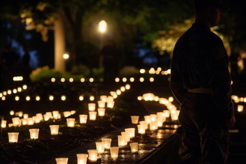 A man stands beside a collection of burning candles, illuminating the space with warm light, A candlelight vigil held at a war memorial to honor Memorial Day, AI Generated - obrazy, fototapety, plakaty