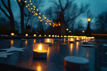 A row of candles, with each one emitting a warm and flickering glow, placed neatly on top of a table, A candlelight vigil held at a war memorial to honor Memorial Day, AI Generated - obrazy, fototapety, plakaty