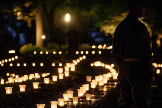 A man stands beside a collection of burning candles, illuminating the space with warm light, A candlelight vigil held at a war memorial to honor Memorial Day, AI Generated