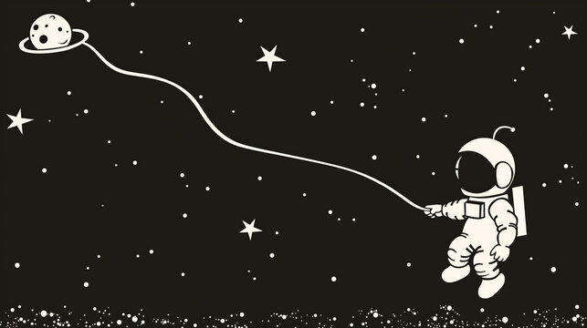 Playful illustration of an astronaut with a planet balloon in space, suitable for imaginative children's books.