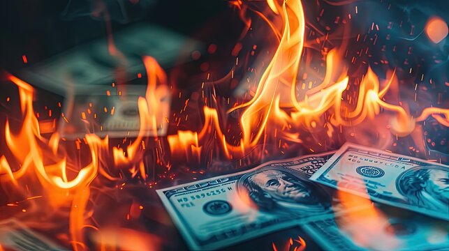 Stock charts and dollars on fire. The economic crisis. Background. Crisis unfolds: money burning down.
