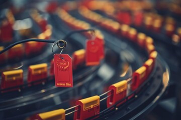 A straight line of luggage tags in attractive red and yellow colors, neatly arranged in a row, A chain reaction of price tags mechanism showing inflationary spiral, AI Generated - obrazy, fototapety, plakaty