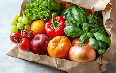 Illustration of healthy food in a paper bag, vegetables, and fruits. Shopping for vegetarians. Fresh and delicious.