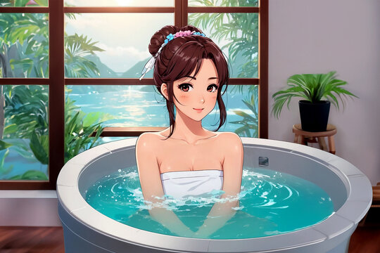 Young girl in kawaii style taking spa treatments in a jacuzzi