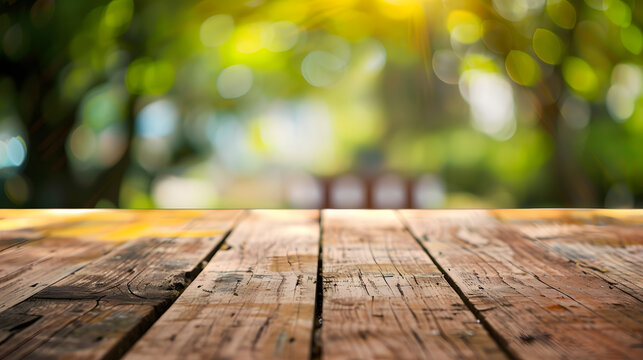 Green nature outdoor background Wooden table transparent using for product presentation.