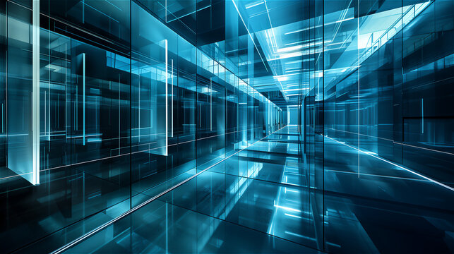 Cyber espace d'une pièce à l'infini avec des reflets de miroirs et une lumière bleue