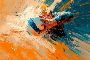 A painting depicting a man energetically kicking a soccer ball, capturing the dynamic intensity of...